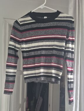Divided Striped Crewneck Sweater in Black, White & Pink
